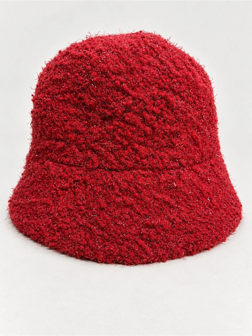 Cejon Red Sparkle Textured Bucket Hat Women’s Fuzzy Bouclé Cloche